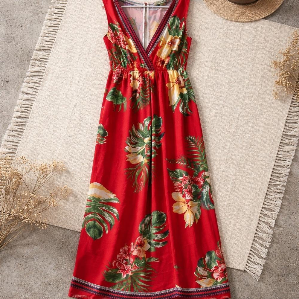 Flying Tomato Red Tropical Floral Wide Leg Jumpsuit Hibiscus Print Size XS - Picture 3 of 16